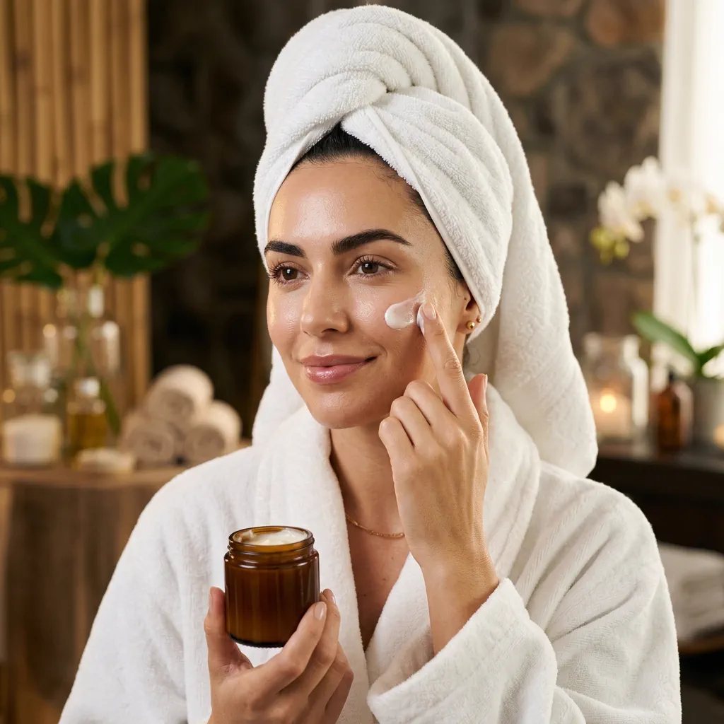 Guest applying face cream at the spa