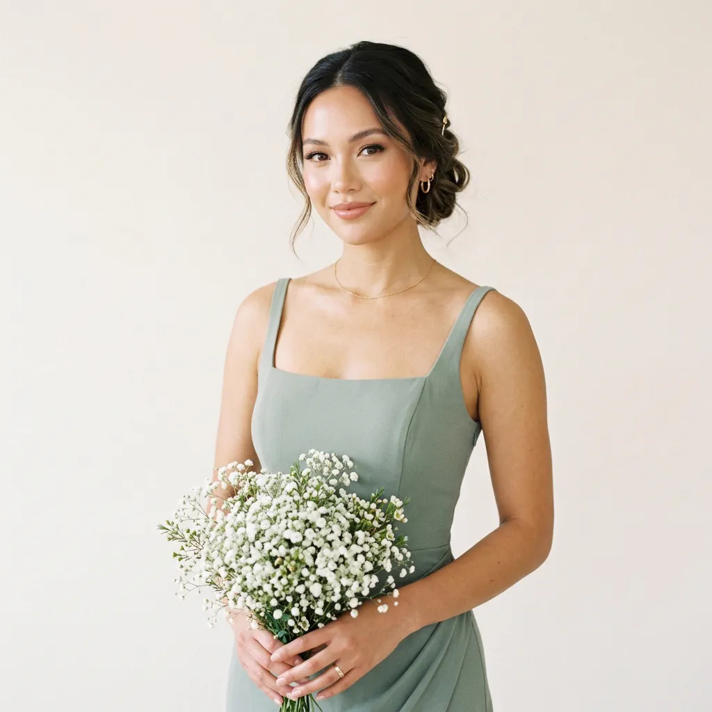 Bride with soft glam makeup holding a bouquet