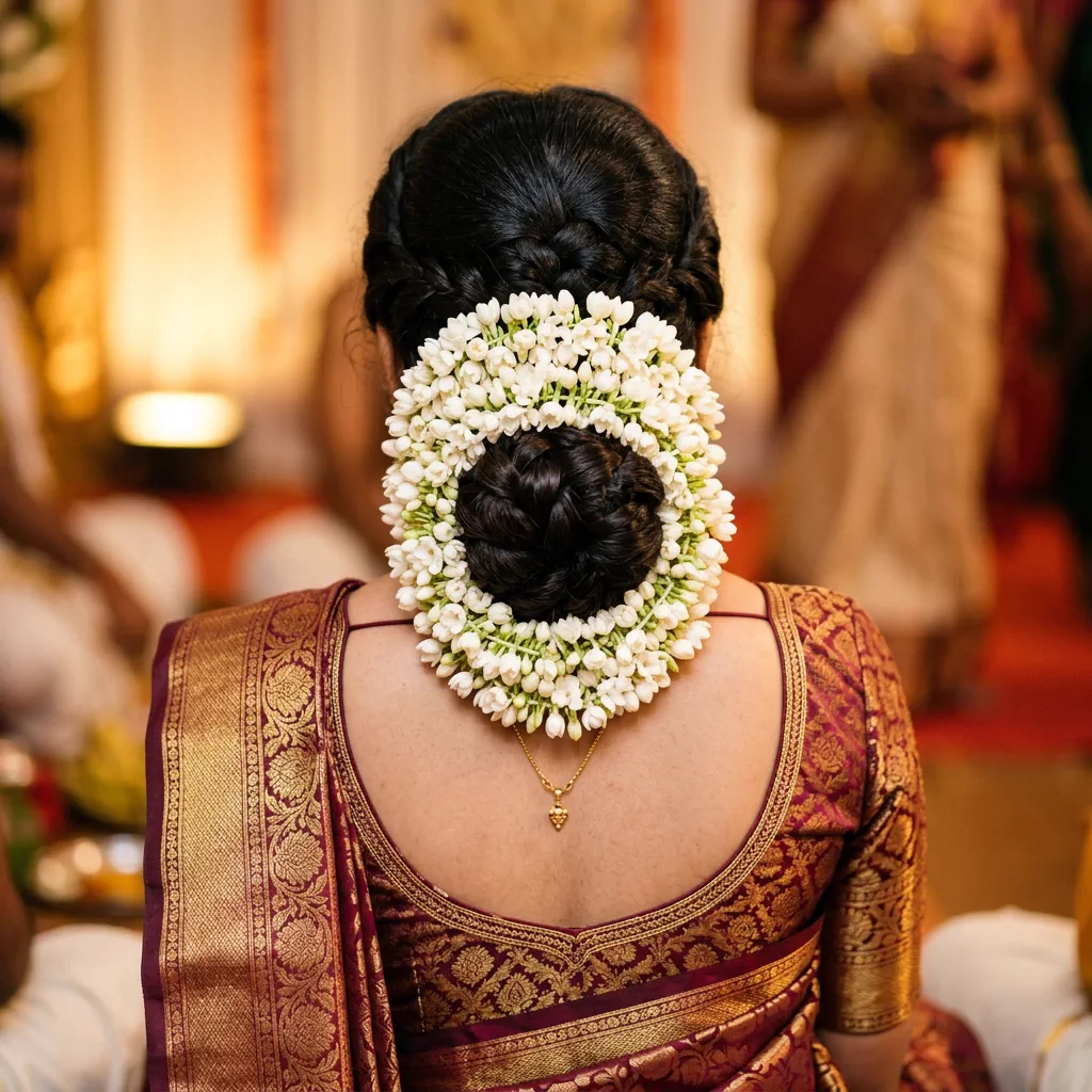 Saree draping with floral hairstyle