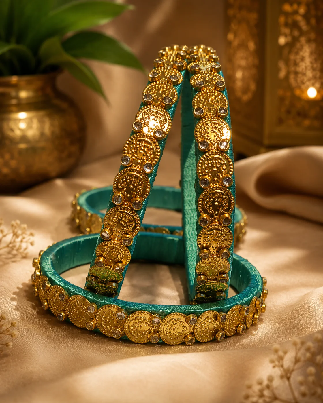 Silk thread bangle set with gold kundan work